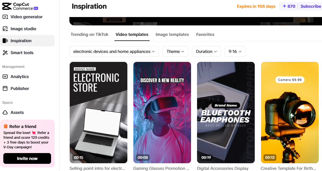 Pippit interface showing video templates for promoting electronic devices sold on a dropshipping store.